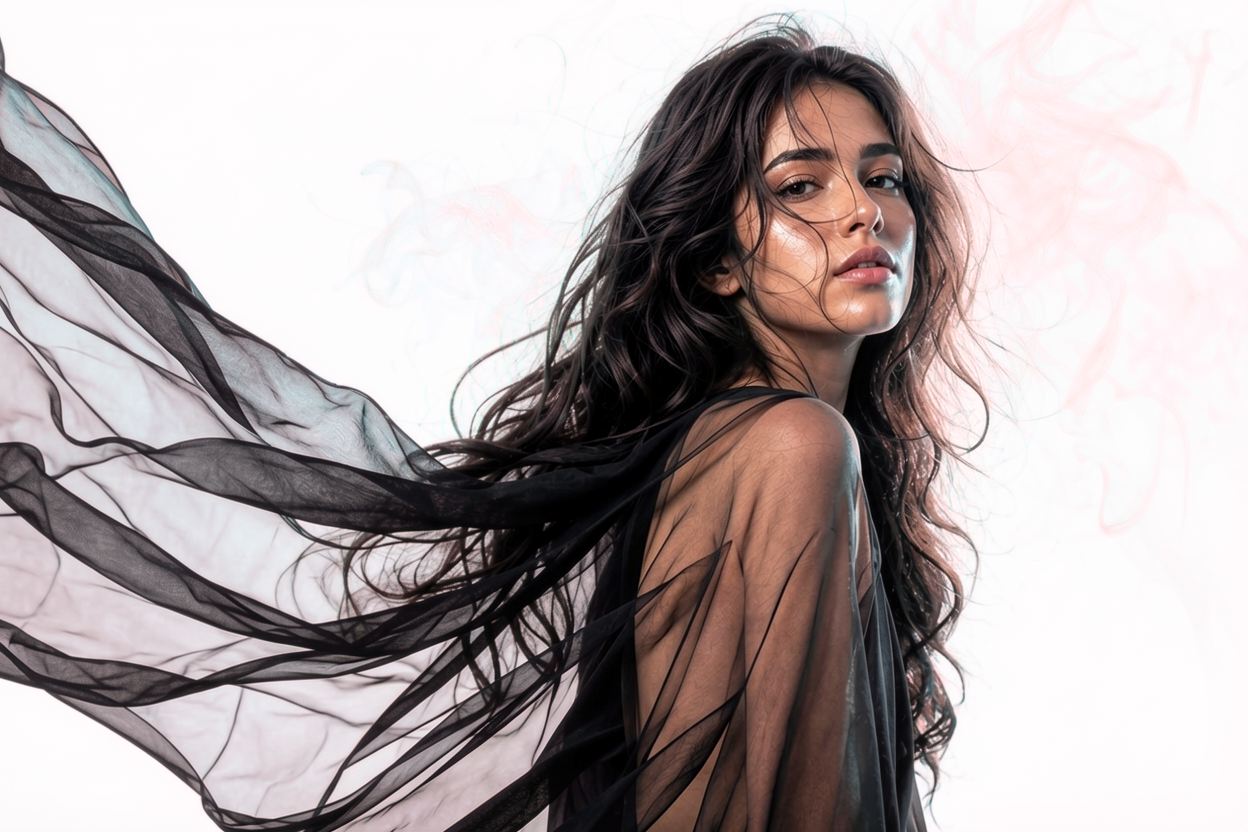 Portrait with translucent black chiffon and drifting smoke — true alpha preserves every wisp