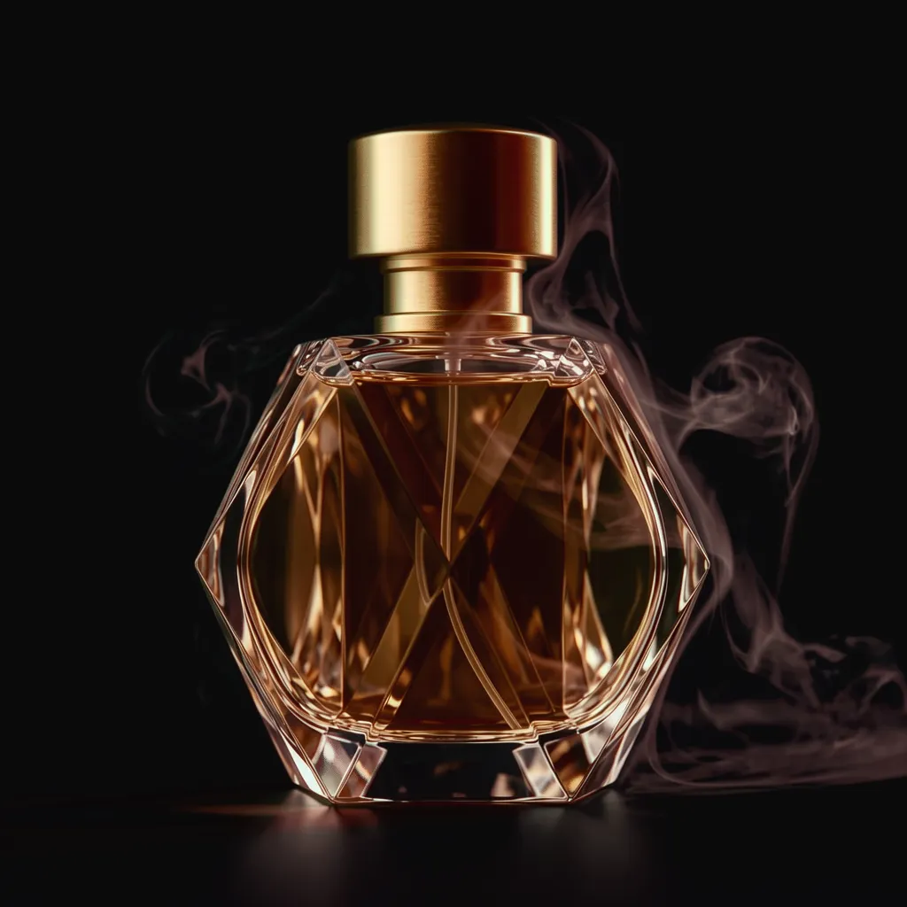 Crystal perfume flacon with atomized mist — translucent glass demo