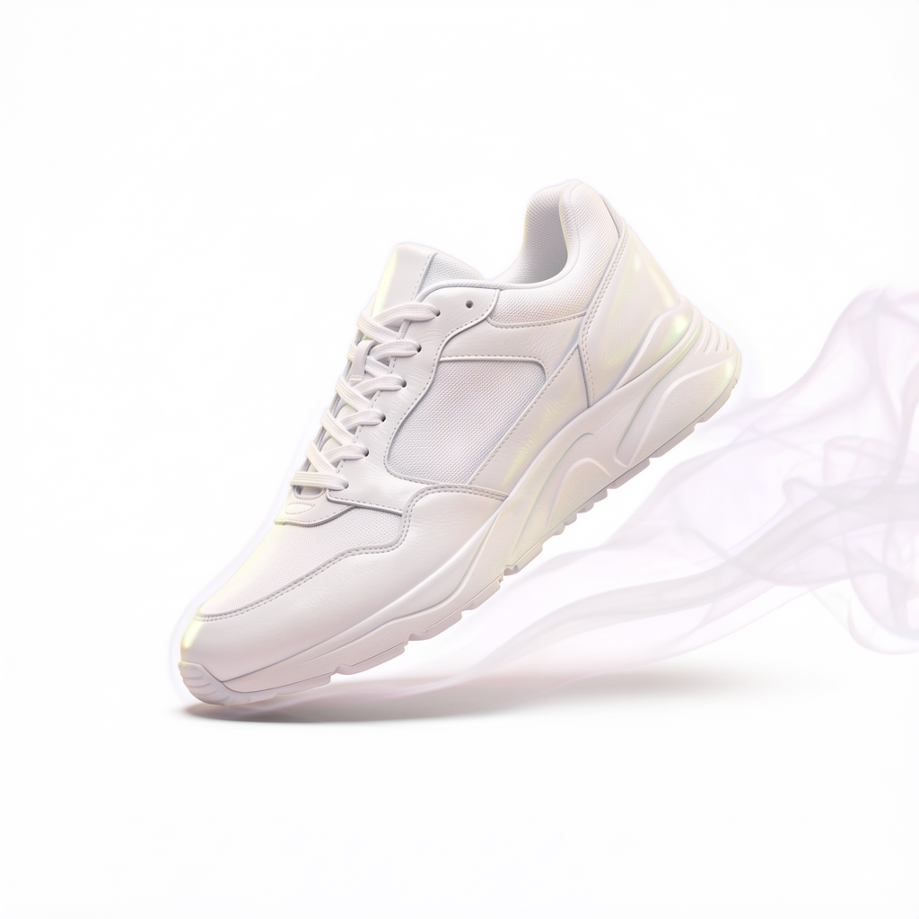 White athletic sneaker mid-stride with smoke motion trail — mixed alpha demo